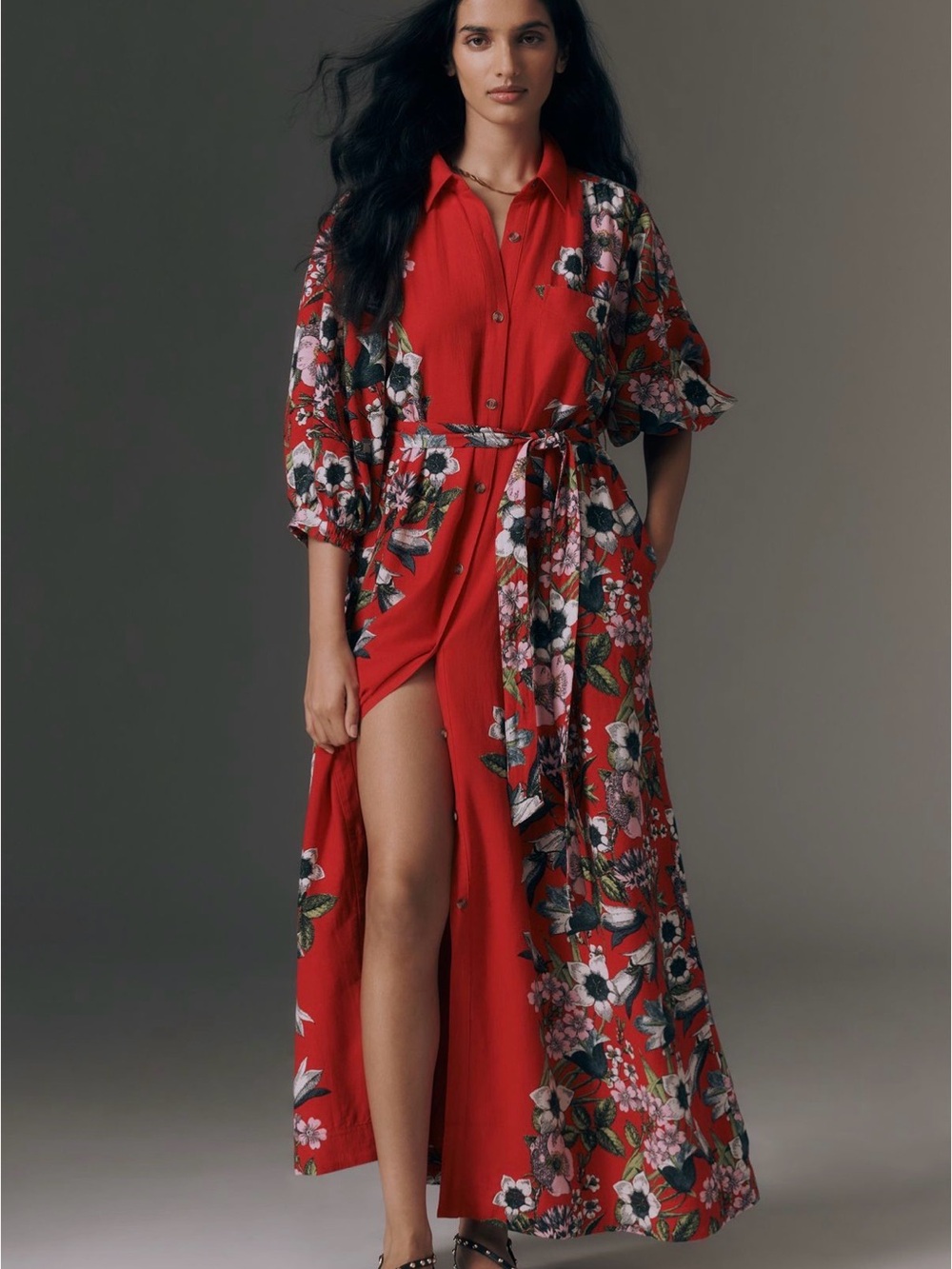 Maeve by Anthropologie Mona Red Floral Button-Front Maxi Dress with Tie Belt
